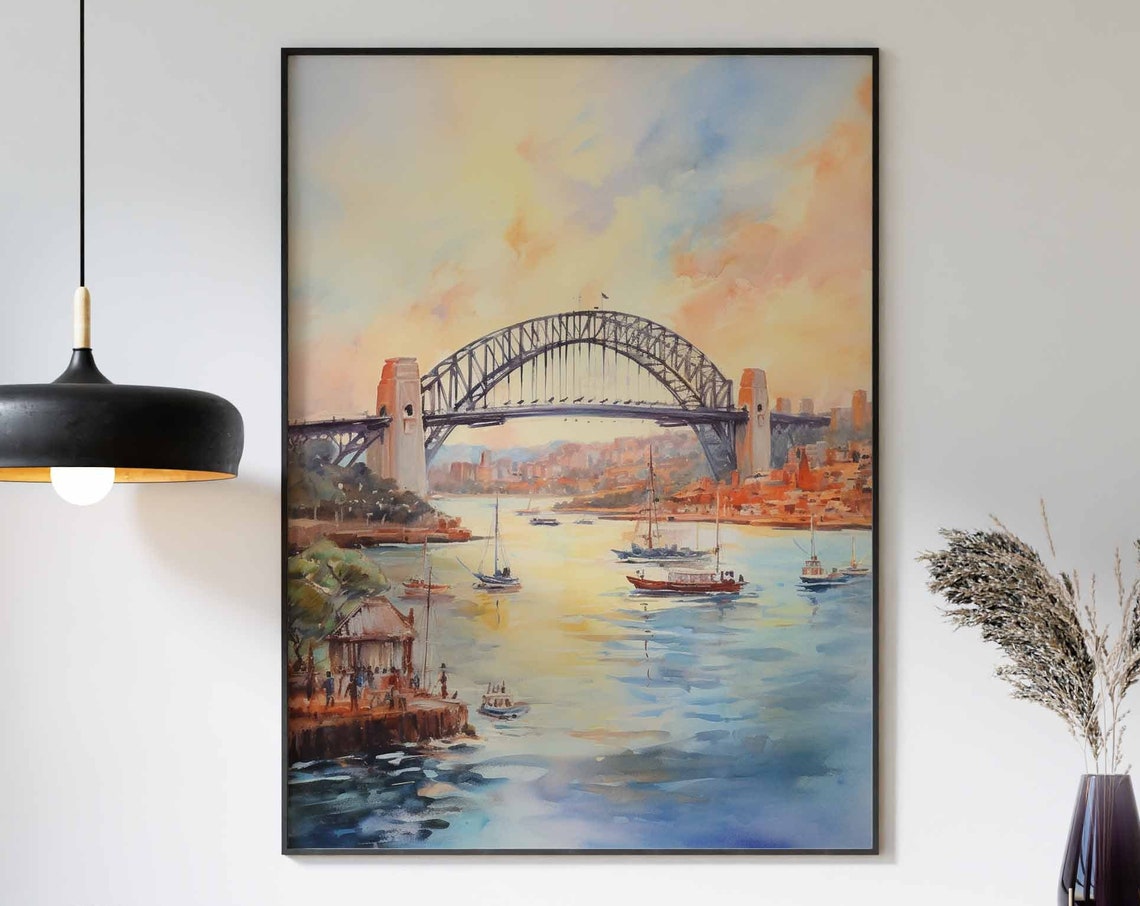 Sydney Harbour Bridge at Golden Sunset Watercolor Travel Poster