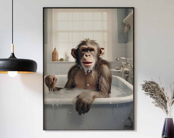 Happy Smiling Chimpanzee Enjoying A Warm Bubbly Bath Time Poster