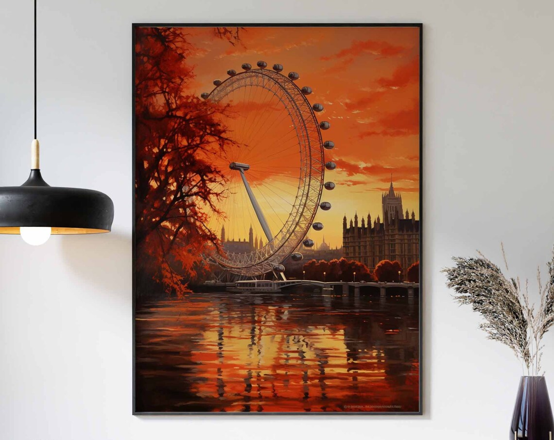 London Eye at Fiery Sunset Watercolor Poster over the Thames