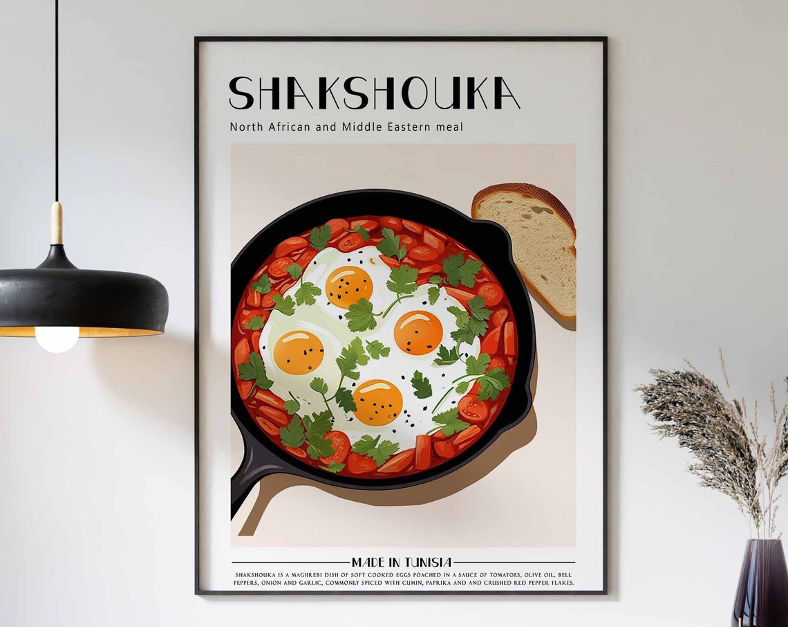 Shakshouka Skillet Four Eggs Bread Tunisia Food Art Decor Poster