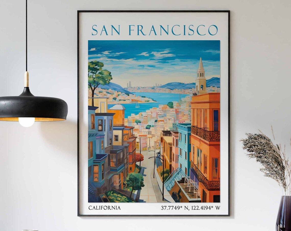 San Francisco Steep Street Bay Church Tower Watercolor Travel Poster