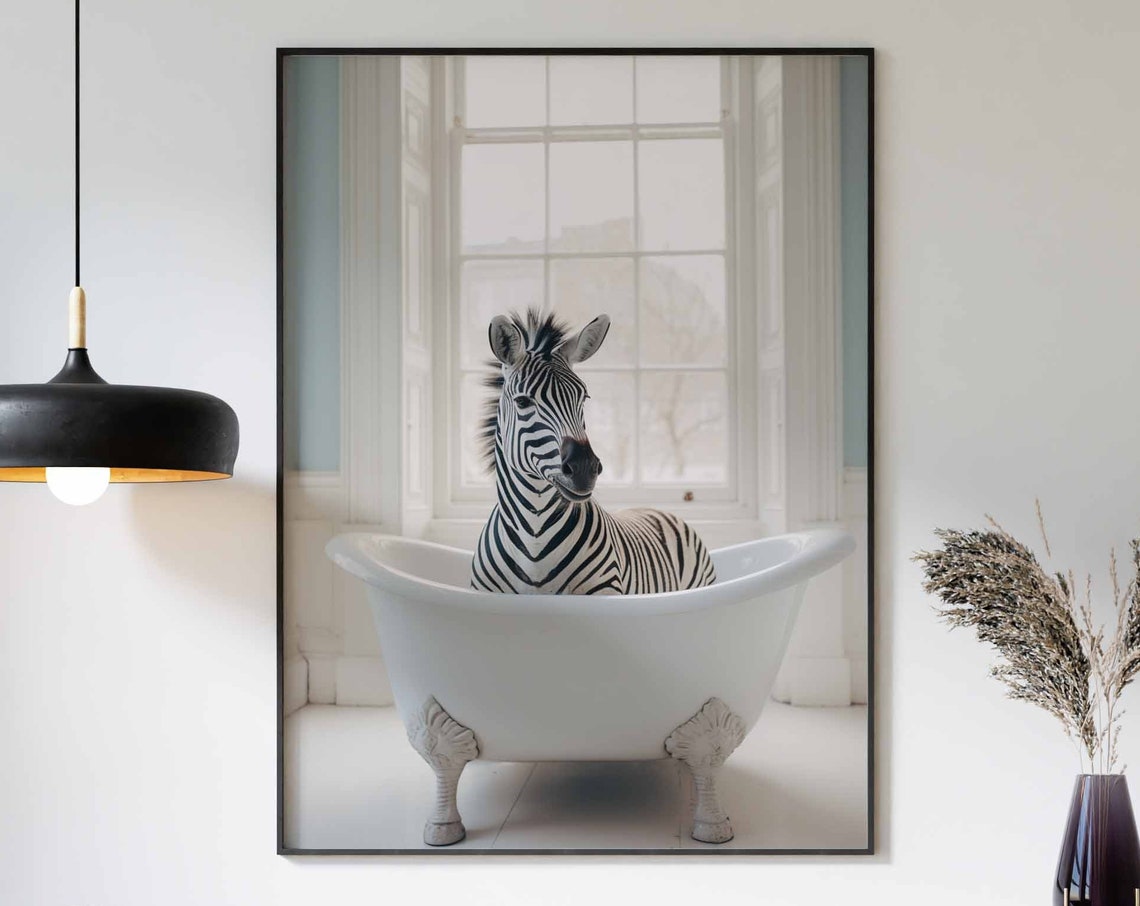 Zebra Sitting in a White Clawfoot Bathtub Funny Bathroom Poster