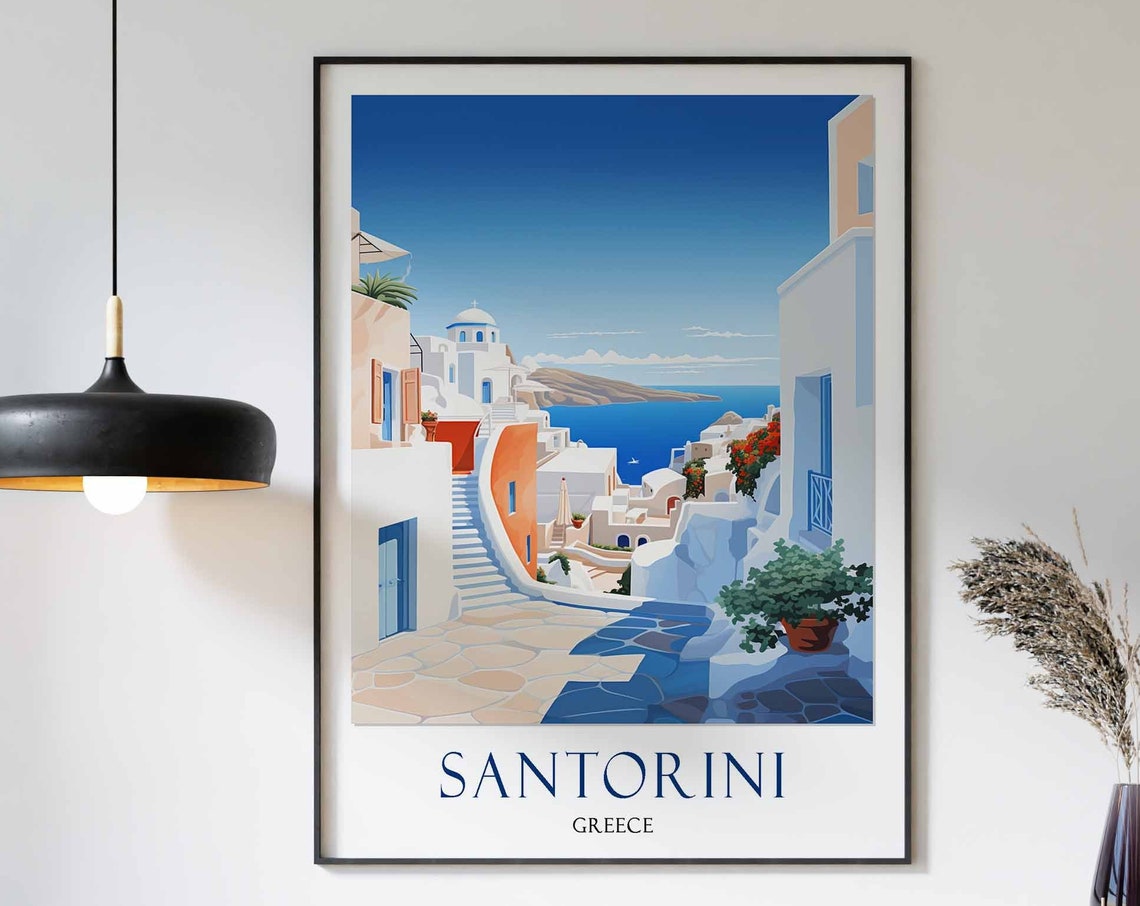 Santorini Whitewashed Street Blue Domes Greece Travel Gift Poster