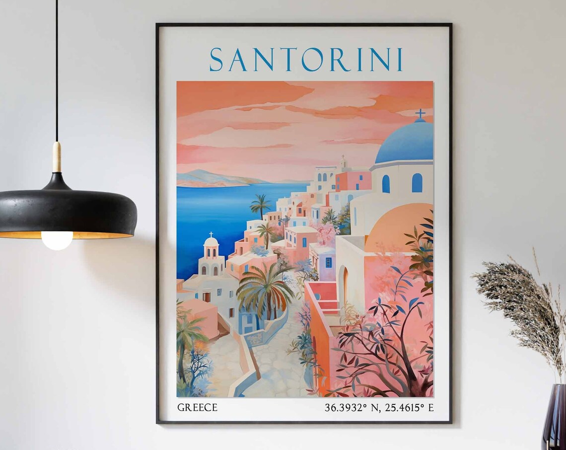 Santorini Blue Dome Church Sunset Village Watercolor Travel Poster