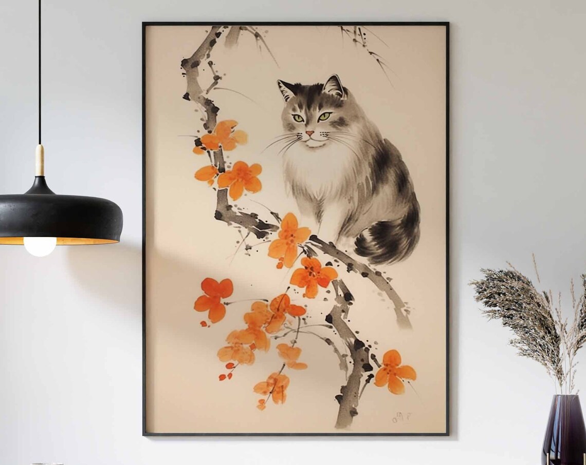 Japanese Ink Wash Longhair Cat On Orange Blossom Branch Poster