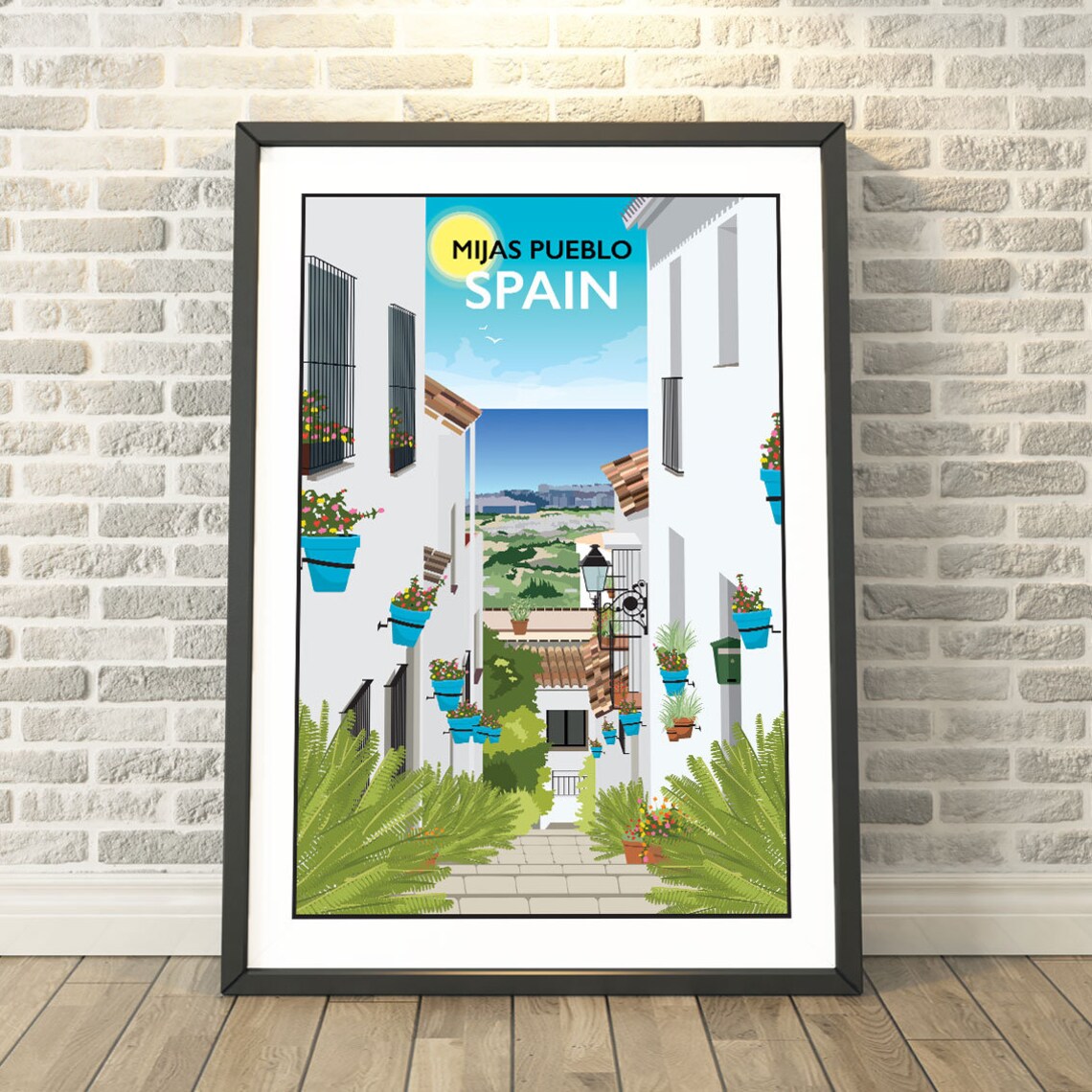 Mijas Pueblo Spain Vintage Travel Poster White Village Alley Scene