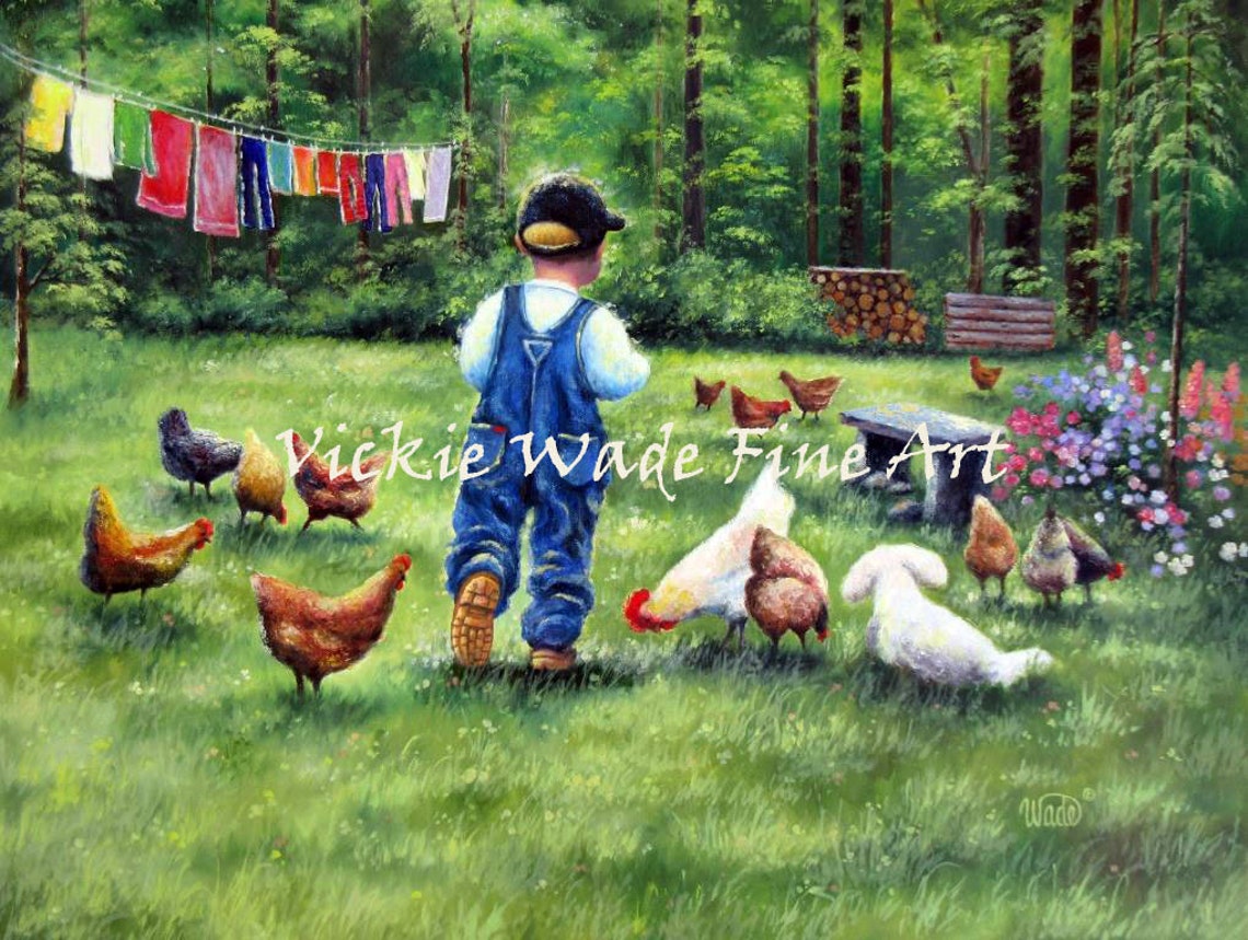 Little Farm Boy in Overalls Among Chickens Country Yard Poster
