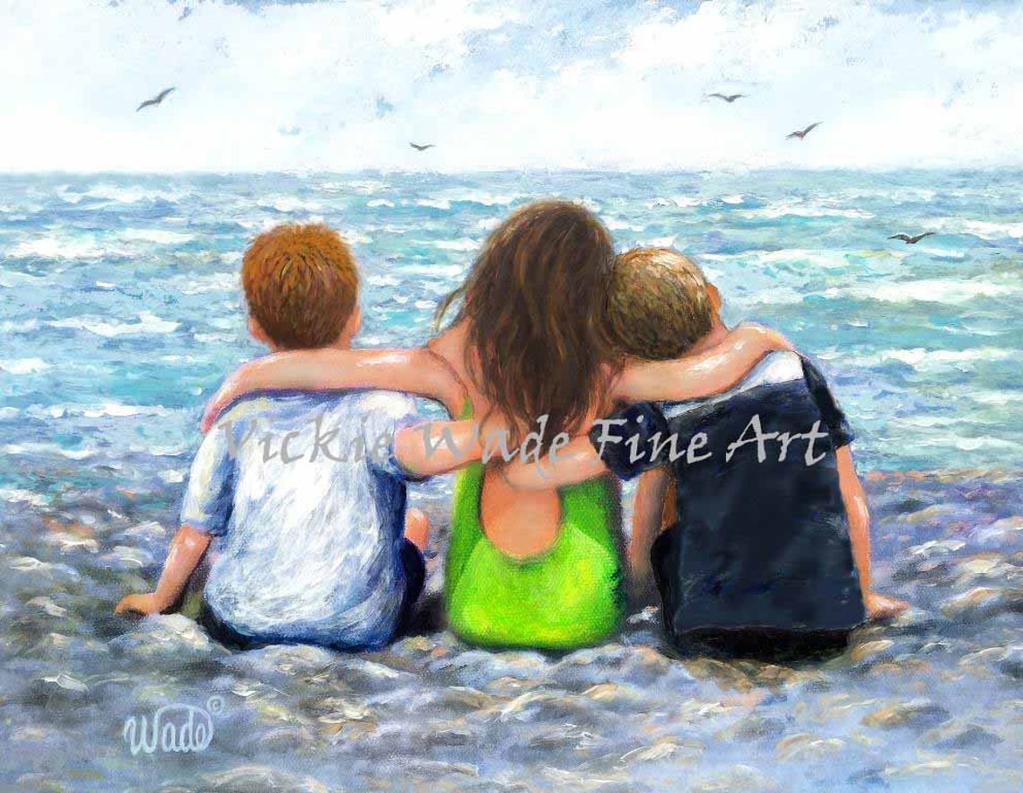Three Children Hugging Watching Waves From Behind Ocean View Poster