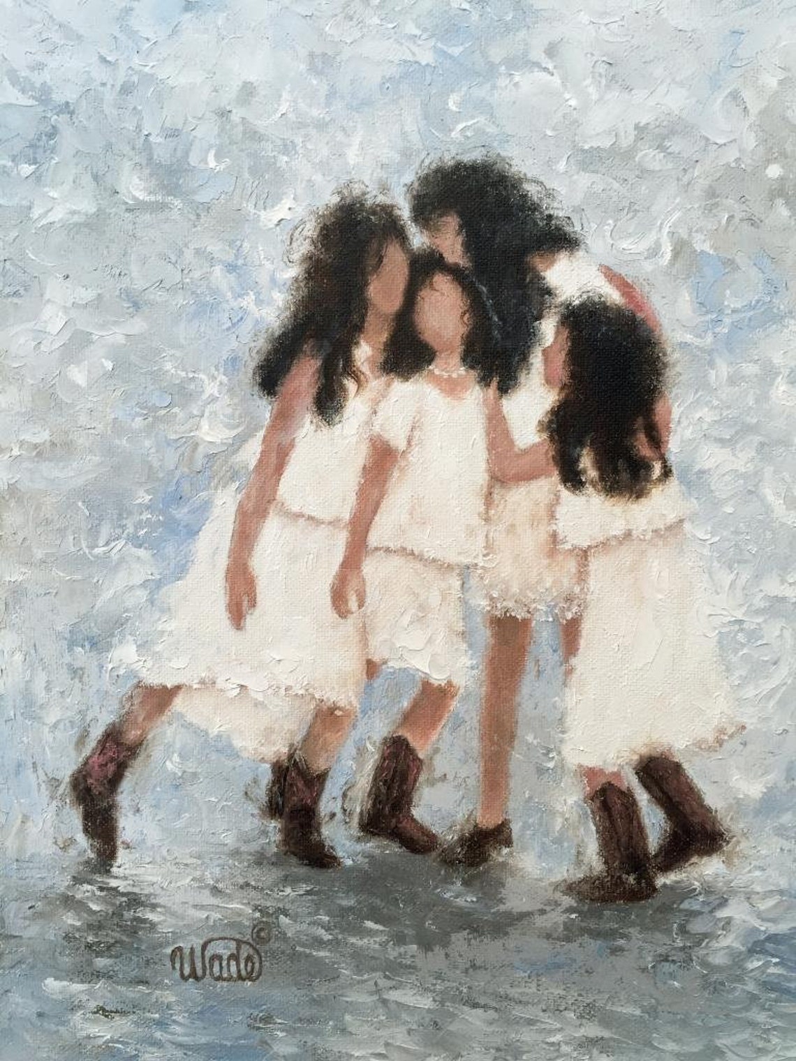 Four Girls in White Dresses and Cowboy Boots Hugging Together Poster