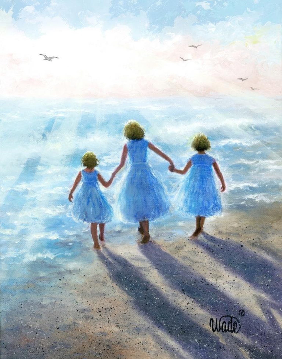 Three Blonde Sisters in Blue Dresses Walking into Ocean Surf Poster