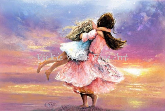 Two Sisters Twirling At Sunset Art Print Two Girls Spinning Blond And Brunette Sisters Two Sisters Colorful Vickie Wade Art