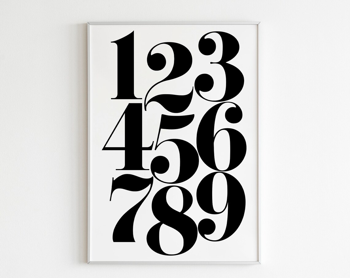 Black Numbers 123456789 Typography Educational Nursery Kids Room Poster