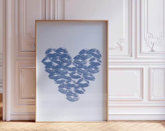Navy Blue Lipstick Kiss Marks Heart Love Trendy Dorm Room Romantic Poster