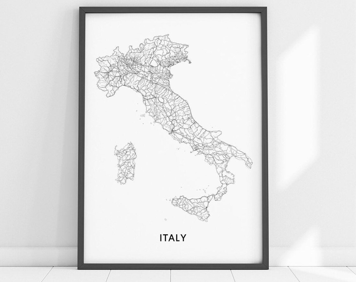 Italy Map Print, Black White Modern Office Decor