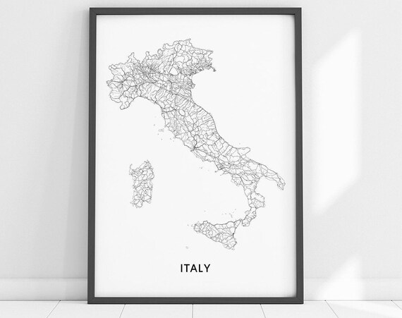 Italy Map Print, Black White Modern Office Decor