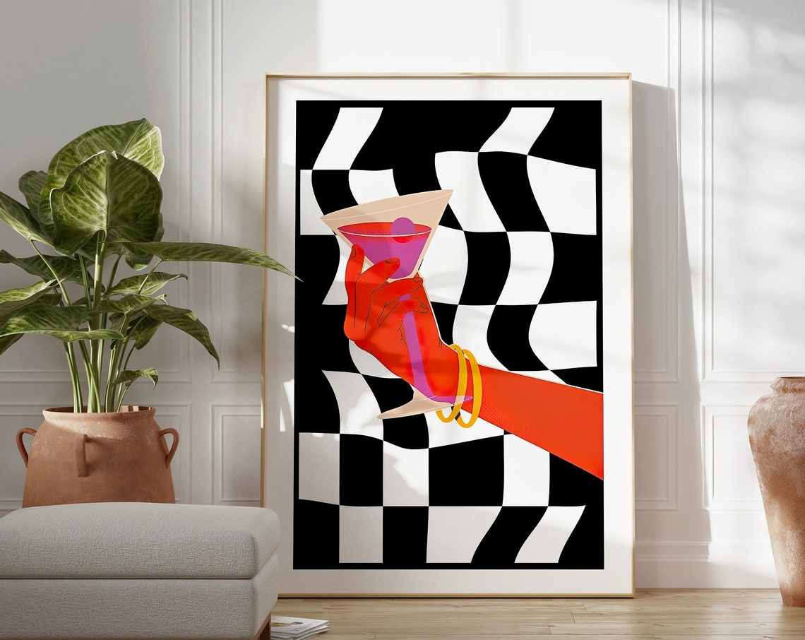 Red Hand Pink Martini Checkerboard Funky Pop Art Cocktail Poster