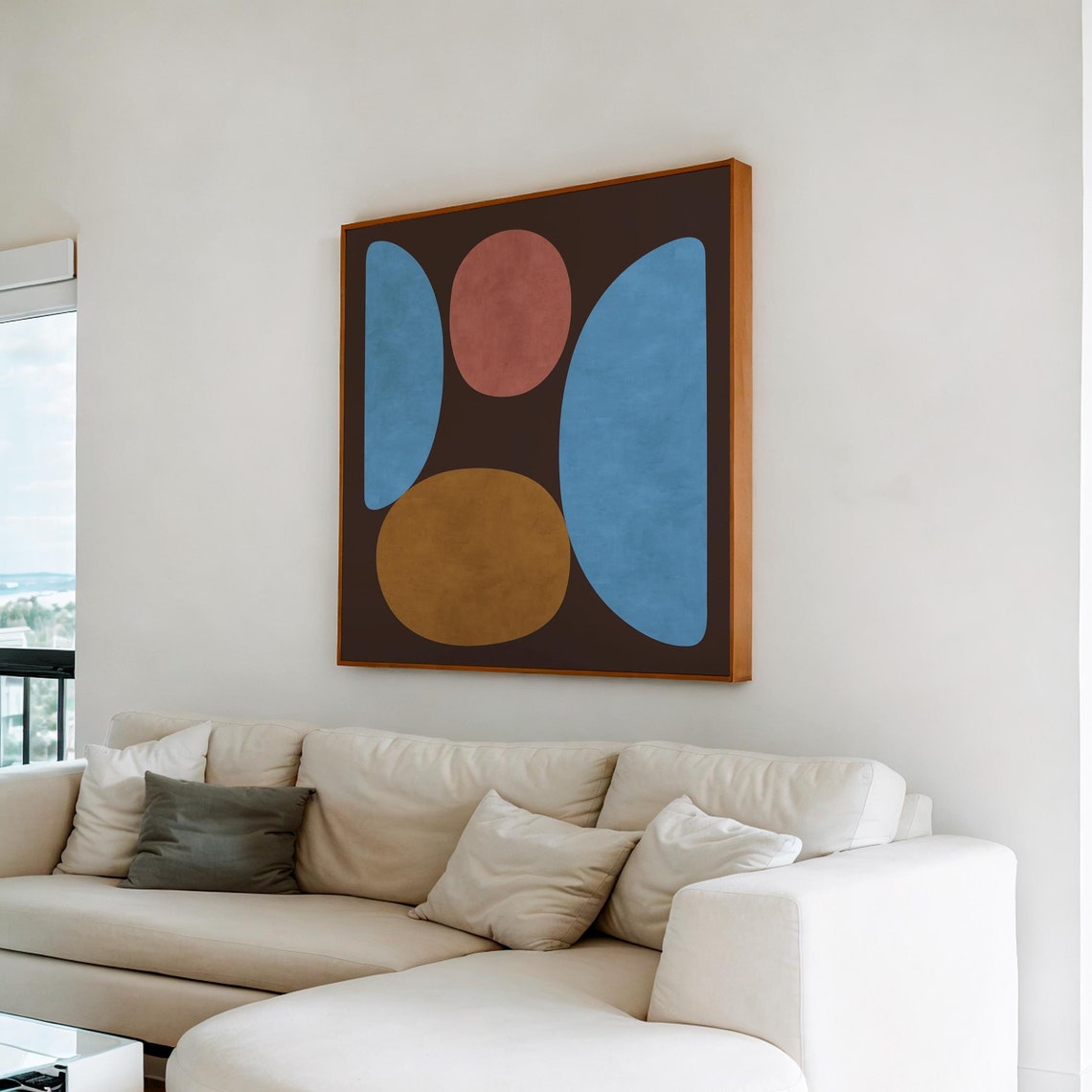 Mid Century Blue Terracotta Organic Shapes Dark Brown Square Poster