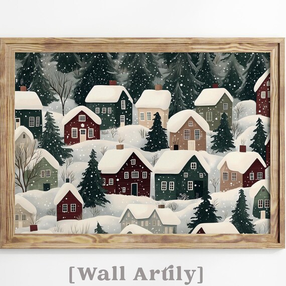 Colorful Folk Art Snowy Village With Cottages And Pines Poster