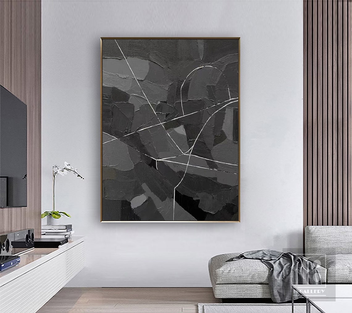 Charcoal Black Textured Abstract Painting With White Line Veins Poster - Image 5