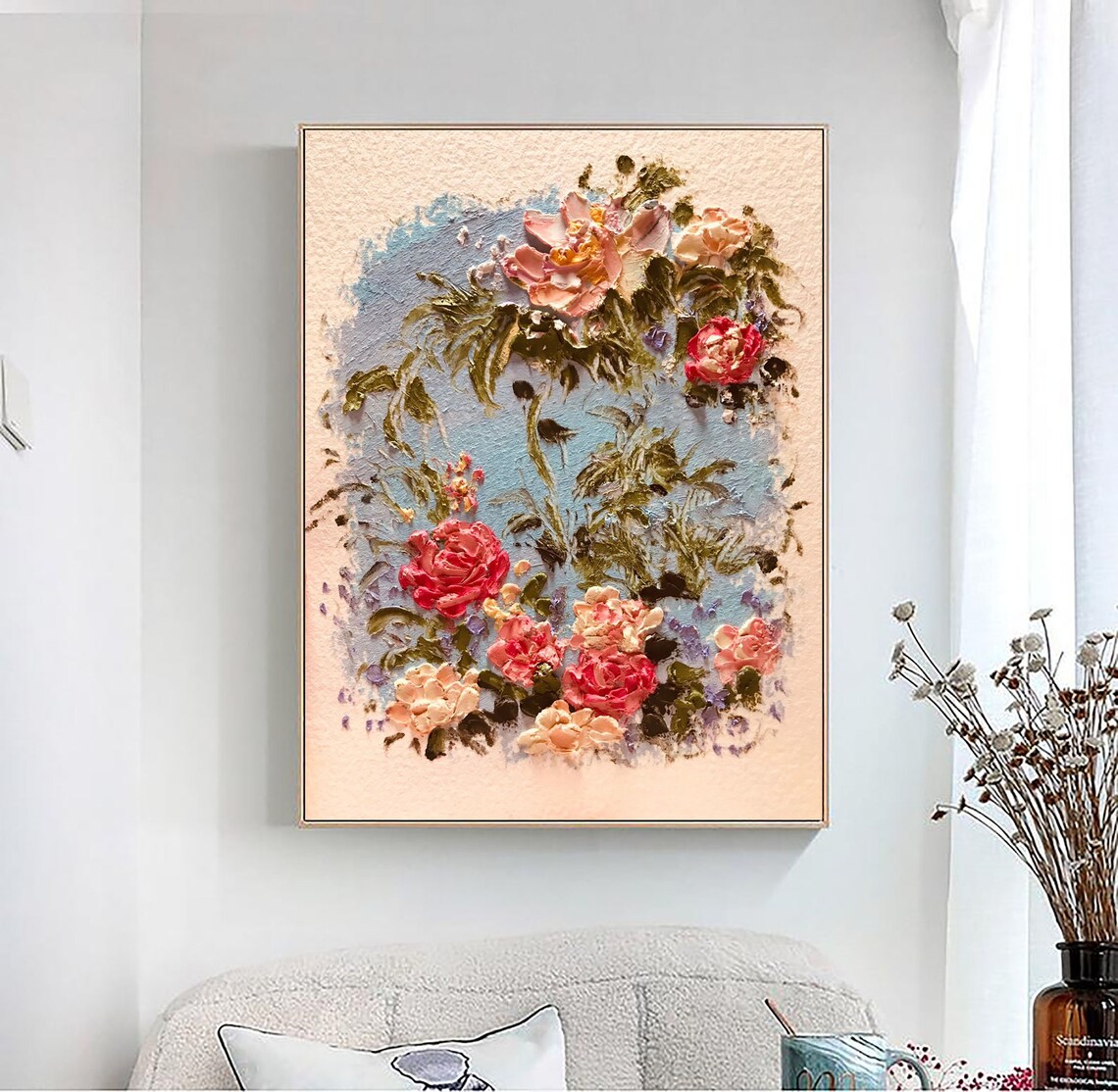 Pink Peony Rose Bouquet Impasto Floral Oil Painting Neutral Poster - Image 2