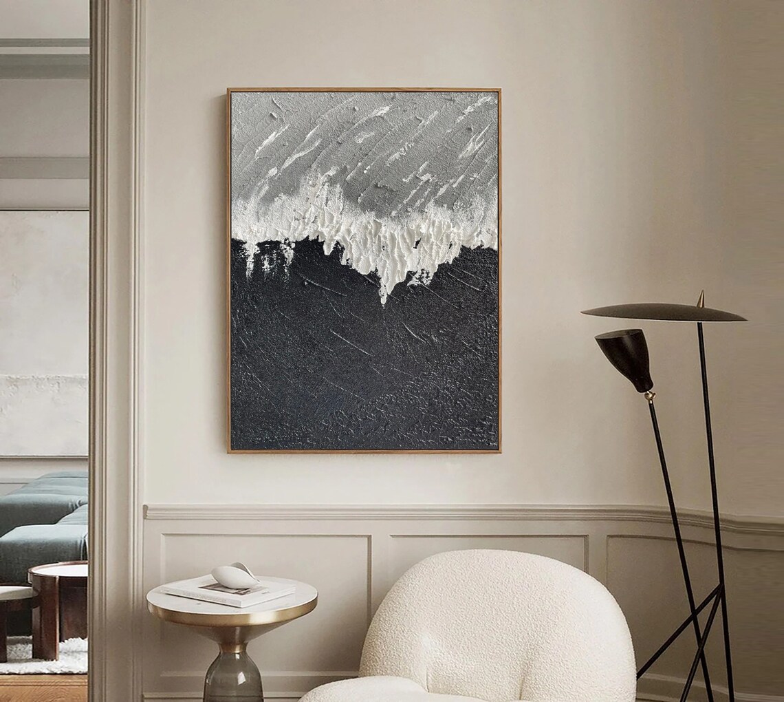 White Wave Crashing Over Black Sea Textured Abstract Neutral Poster - Image 3