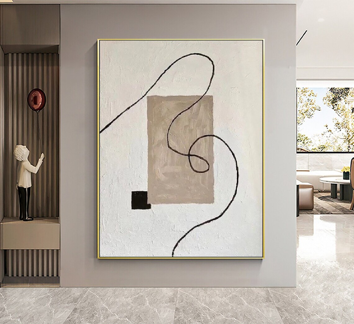 Minimalist Black Line Flow on White With Beige Block Abstract Poster - Image 5
