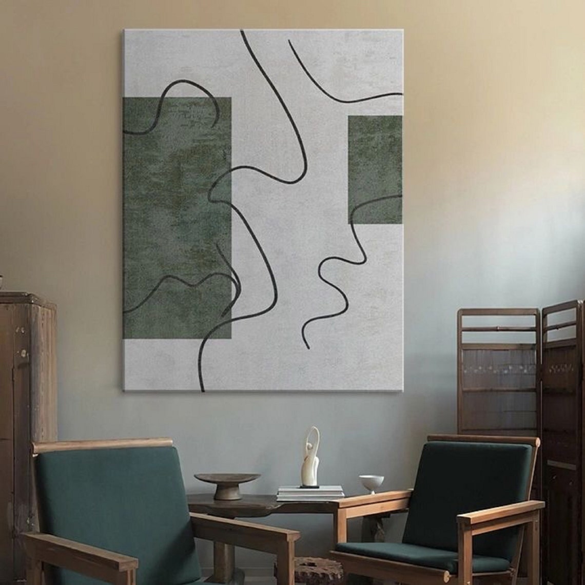 Sage Green Blocks With Black Squiggle Line Playful Art Poster - Image 2