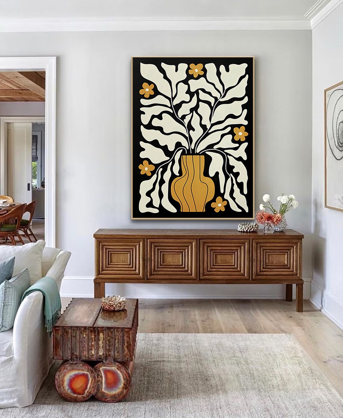 Bold Black Botanical Art With Cream Leaves and Mustard Vase Poster - Image 5