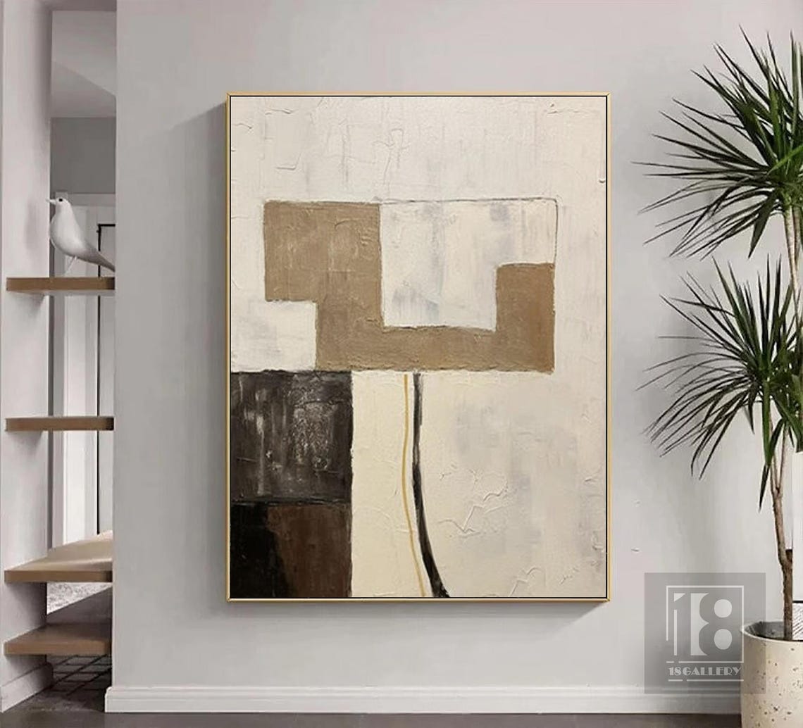 Large Creamy Beige White Abstract Geometric Oil Painting Modern Wabi Sabi Wall Art White And Gold Minimalist Wall Art Textured Painting - Image 5