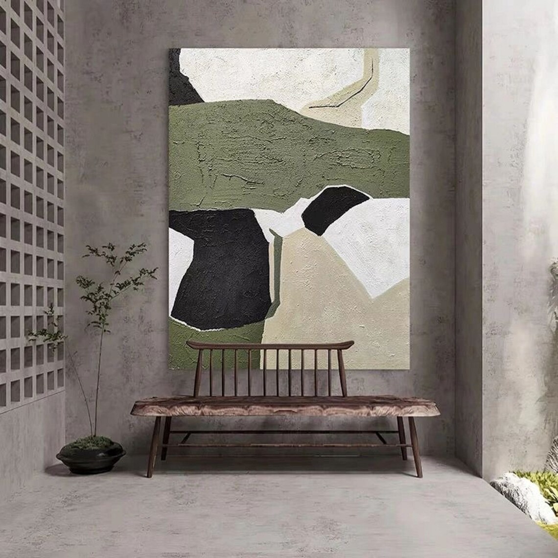 Green And White Abstract Painting On Wall Art Green Painting Black And White Painting Textured Painting Framed Painting Room Decor - Image 3