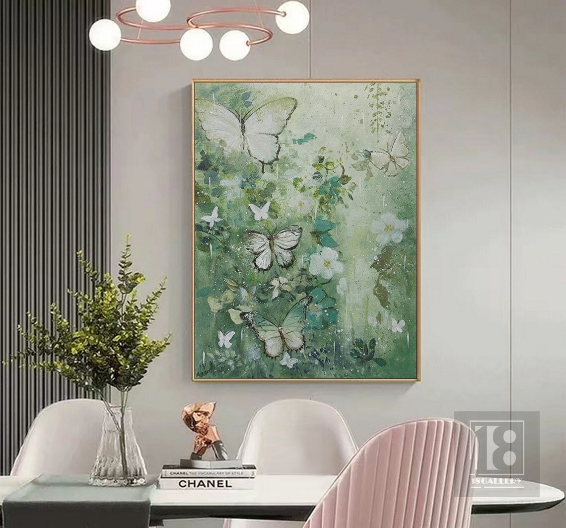 Large Butterfly Landscape Painting Modern Butterfly Painting Abstract Texture Wall Art Green Oil Painting Artwork For Living Room - Image 4