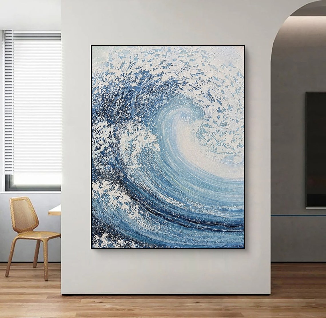 Curling Blue Ocean Wave Painted in Thick Textured Oil Poster - Image 2