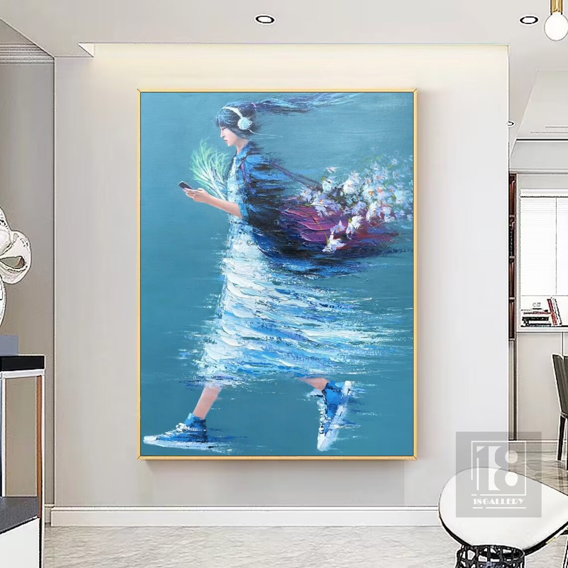 Woman With Headphones Walking Teal Impressionist Figure Painting Poster - Image 3