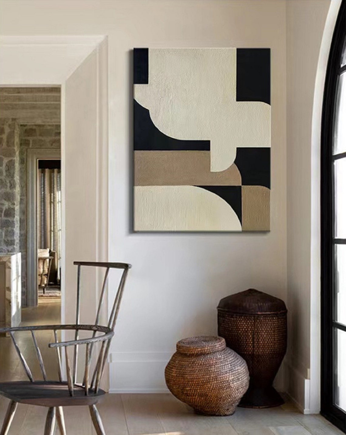 Black Geometric Blocks Tan Textured Modern Abstract Art Poster - Image 2