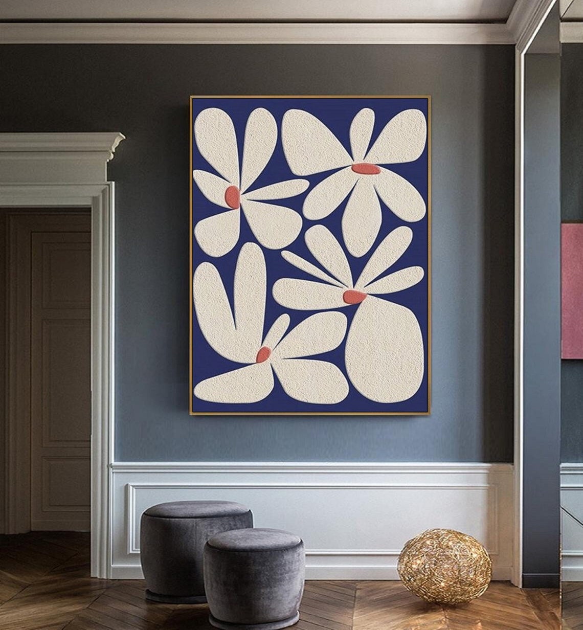 White Stylized Flowers with Coral Centers on Navy Modern Floral Poster - Image 4