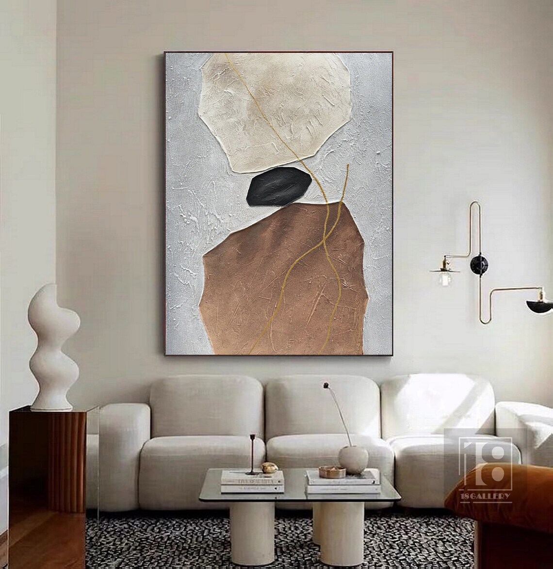Cream Terracotta Black Pebble Shapes With Gold Lines Abstract Poster - Image 3