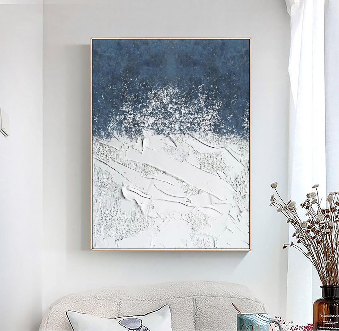 Navy Night Sky White Snow Waves Textured Impasto Neutral Poster - Image 3