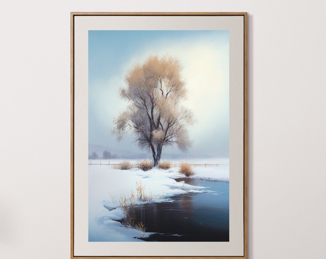 Lone Winter Tree by Frozen River Snowy Landscape Painting Poster