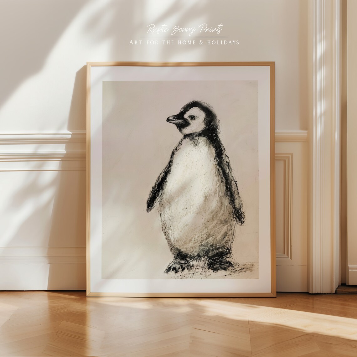 Baby Penguin Chick Charcoal Sketch Loose Black White Nursery Art Print - Image 2