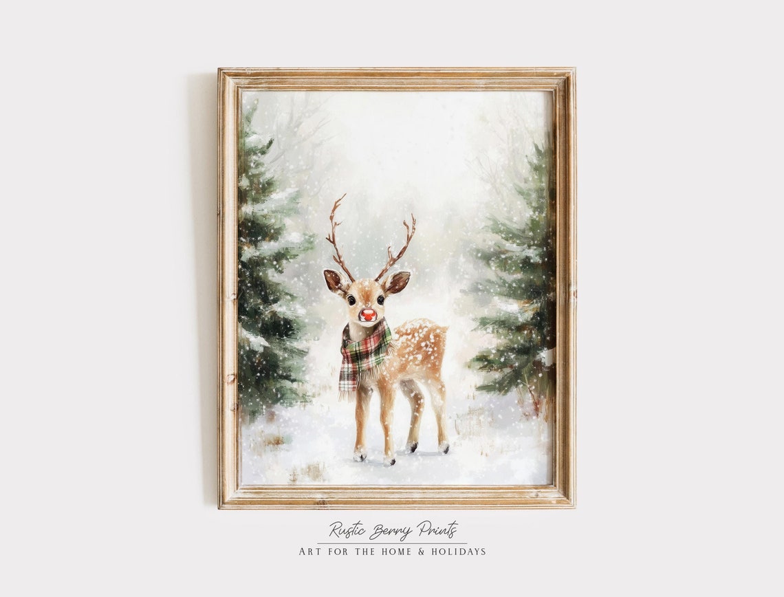 Cute Red Nose Reindeer Wearing Plaid Tartan Scarf Snowy Forest Poster