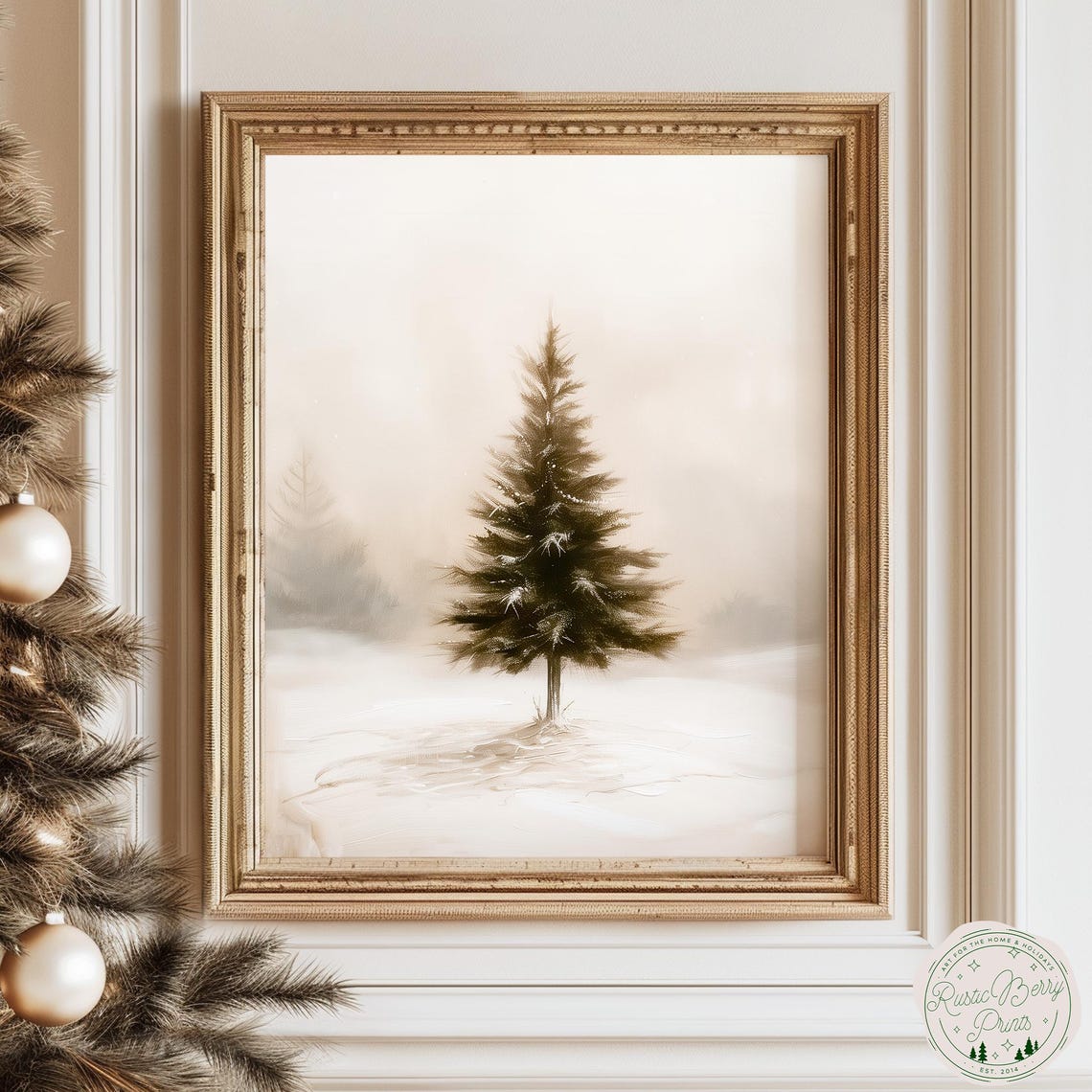 Lone Snowy Evergreen Tree Misty White Minimalist Winter Wall Art