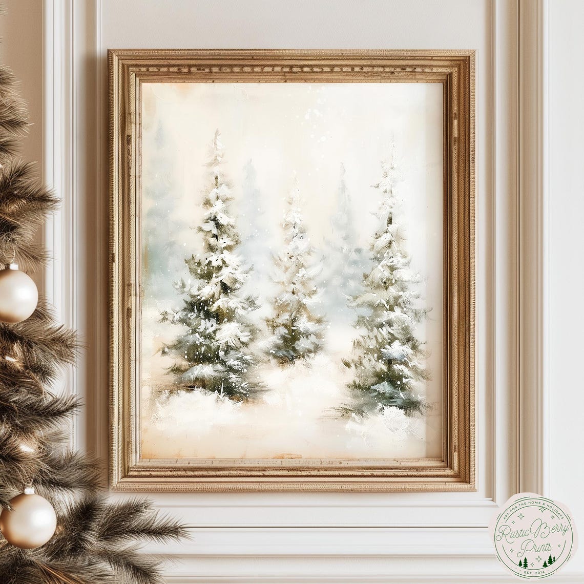 Snow Covered Evergreen Trees Misty Winter Forest Vintage Art Poster