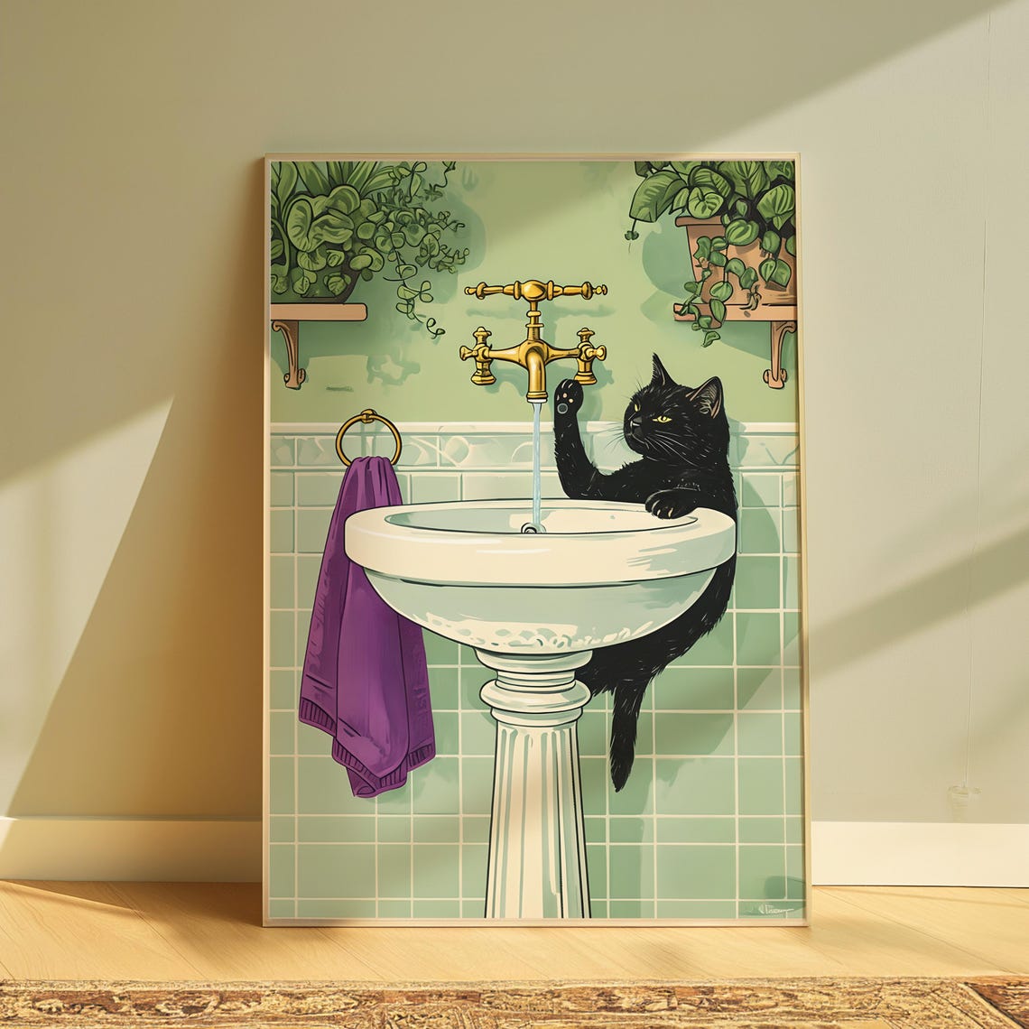 Black Cat Playing With Faucet Vintage Sink Funny Bathroom Poster