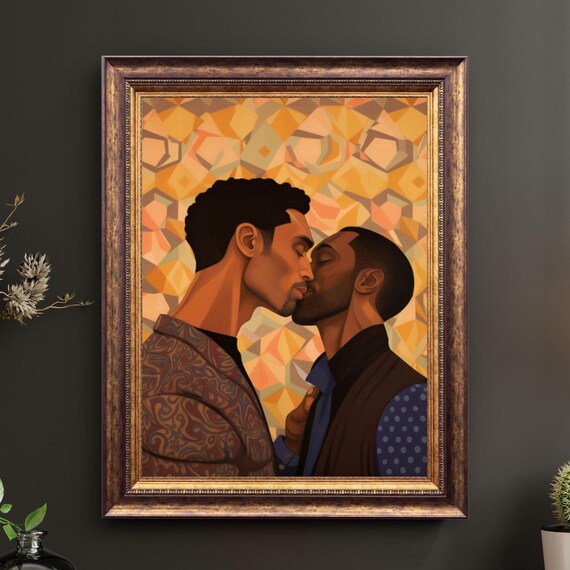 The Kiss Two Men Romantic Embrace Warm Geometric Mosaic Art Poster