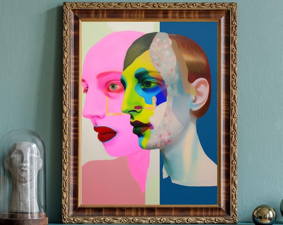Neon Pop Double Profile Portrait Vivid Color Block Modern Art Poster