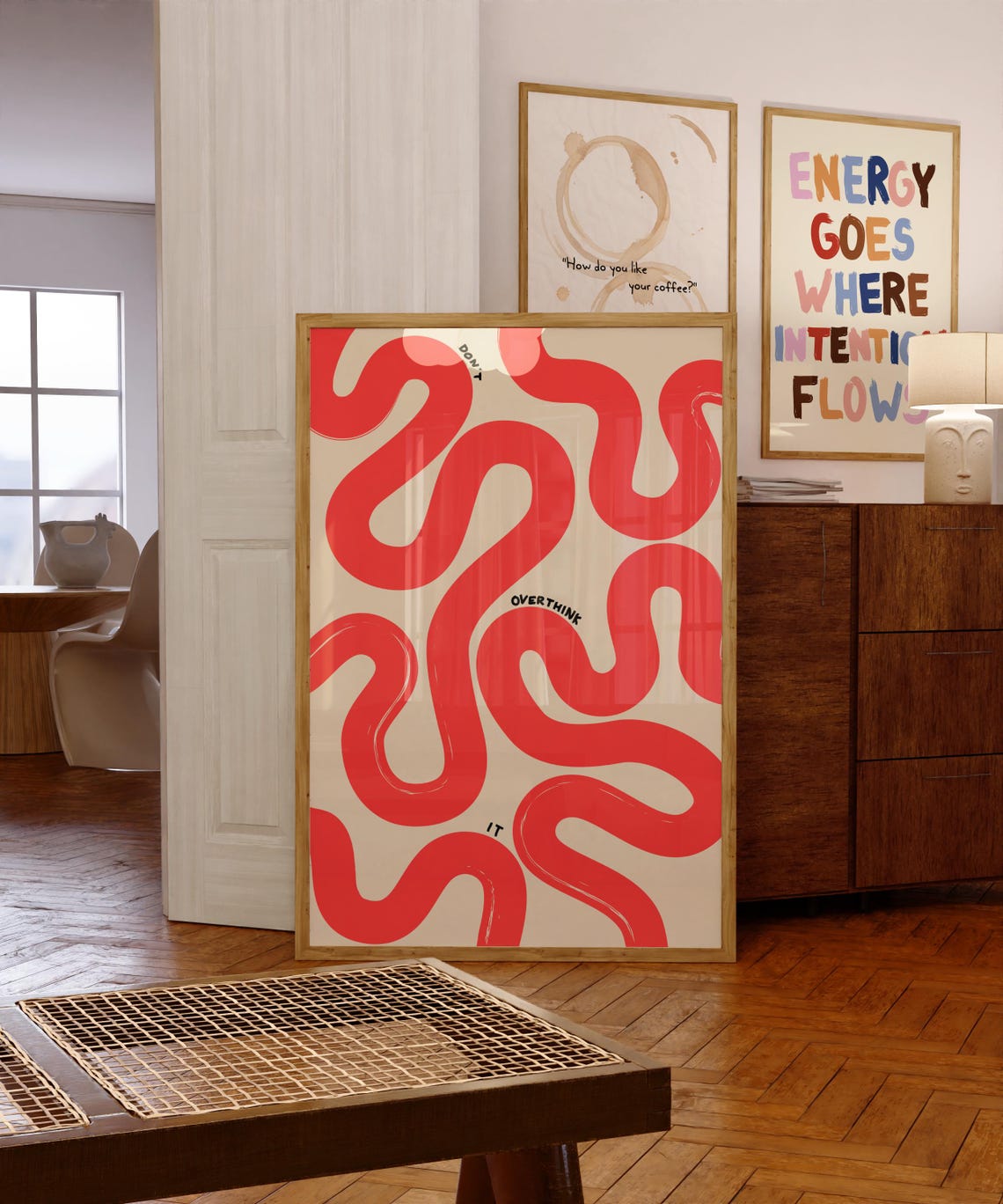 Don't Overthink It Red Wavy Abstract Modern Minimalist Poster