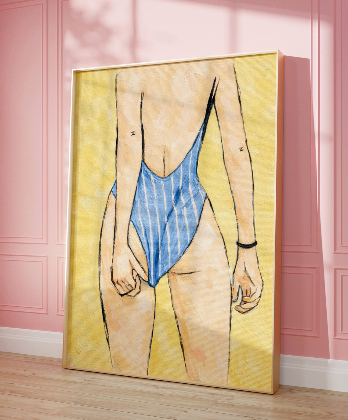 Abstract Woman In Swimsuit Art Print Minimalist Summer Female Figure Butter Yellow Oil Painting Wall Hand Drawn Textured Poster