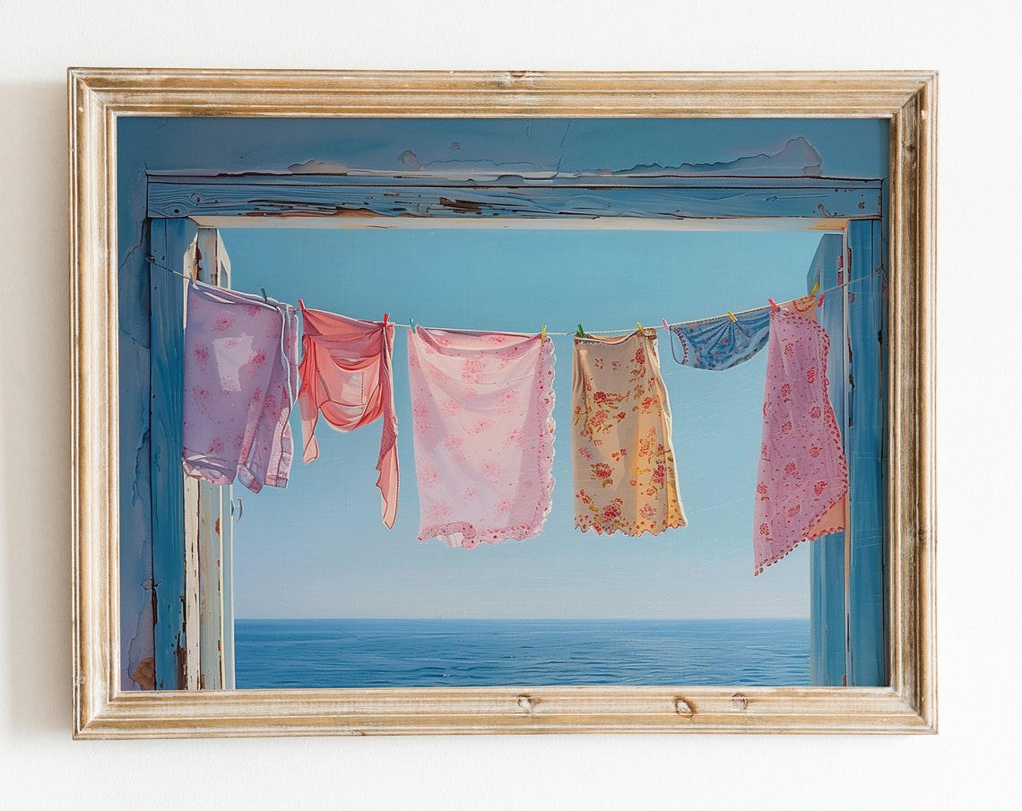 Mediterranean Laundry Day Ocean View Blue Window Summer Wall Art