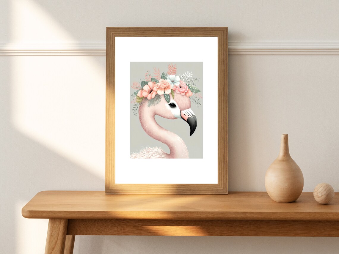 Pink Flamingo with a Floral Crown Girls Room Nursery Decor Poster - Image 2