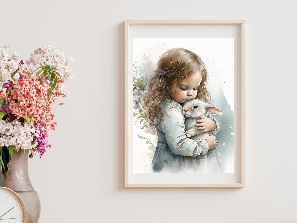 Sweet Little Girl and Fluffy Bunny Watercolor Art Print - Image 2
